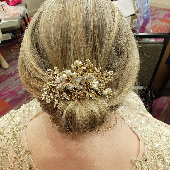 champagne pearl & rhinestone gold haircomb - Picture 1 of 4
